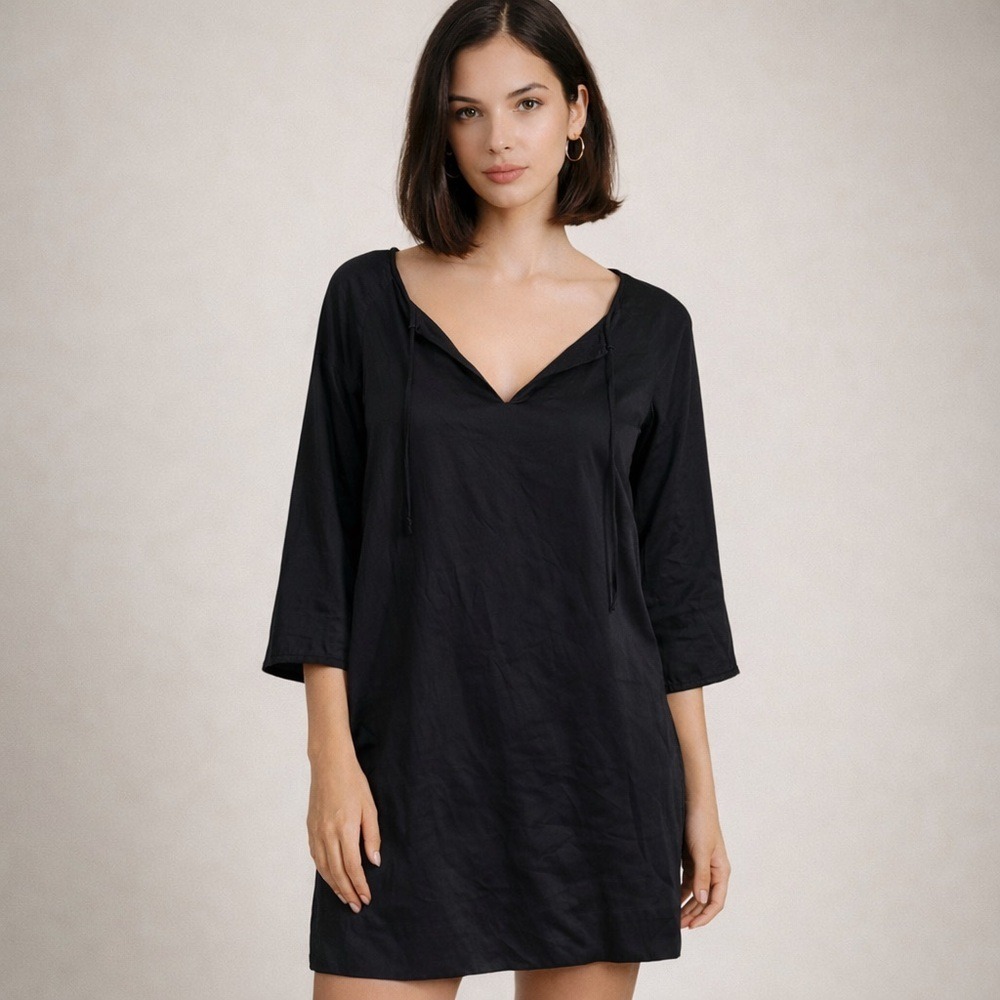 Nili Lotan Black 100% Silk Tunic Mini Dress Boho Minimalist Shift Size Small